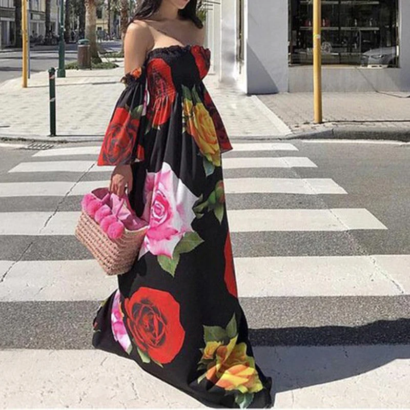 

Women Off Shoulder Bohemian Dress 2021 Ladies Maxi Dress Casual Print Dresses For Women Spring Summer Sundress Plus Size Clothes