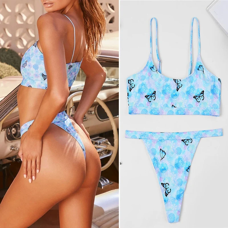 

Women Split Swimsuit Printed Fabric Bust Padded High Waist Bikini Set Blue
