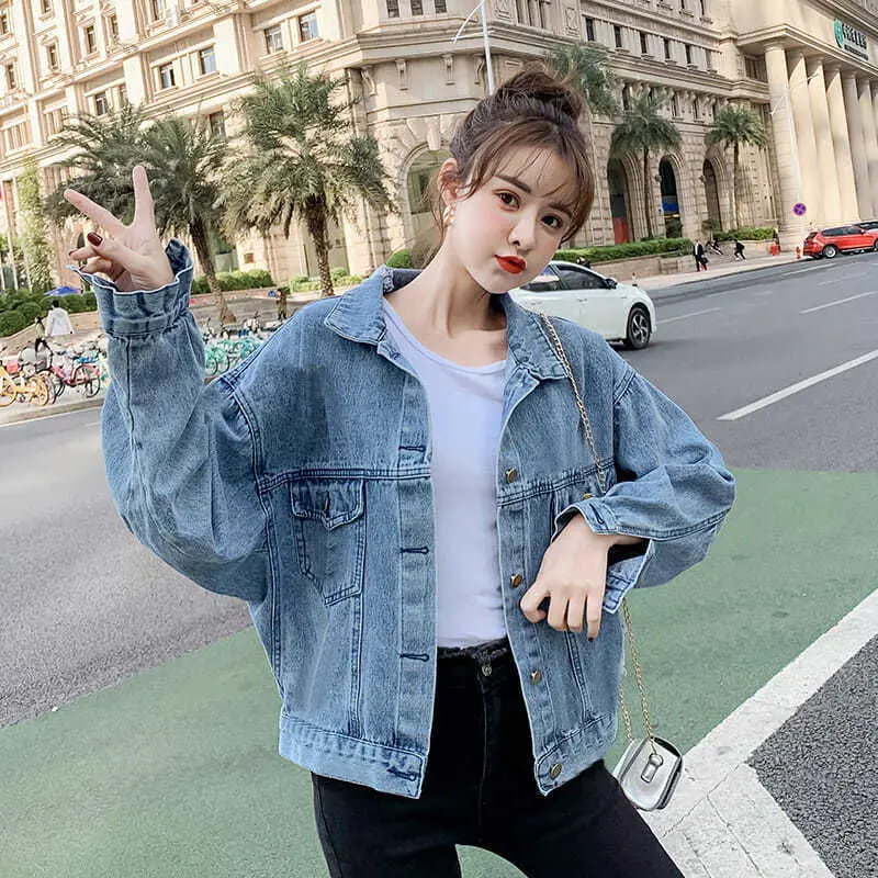 

New 2021 spring and autumn denim coat female Korean embroidered flower loose BF Joker lace-up jacket
