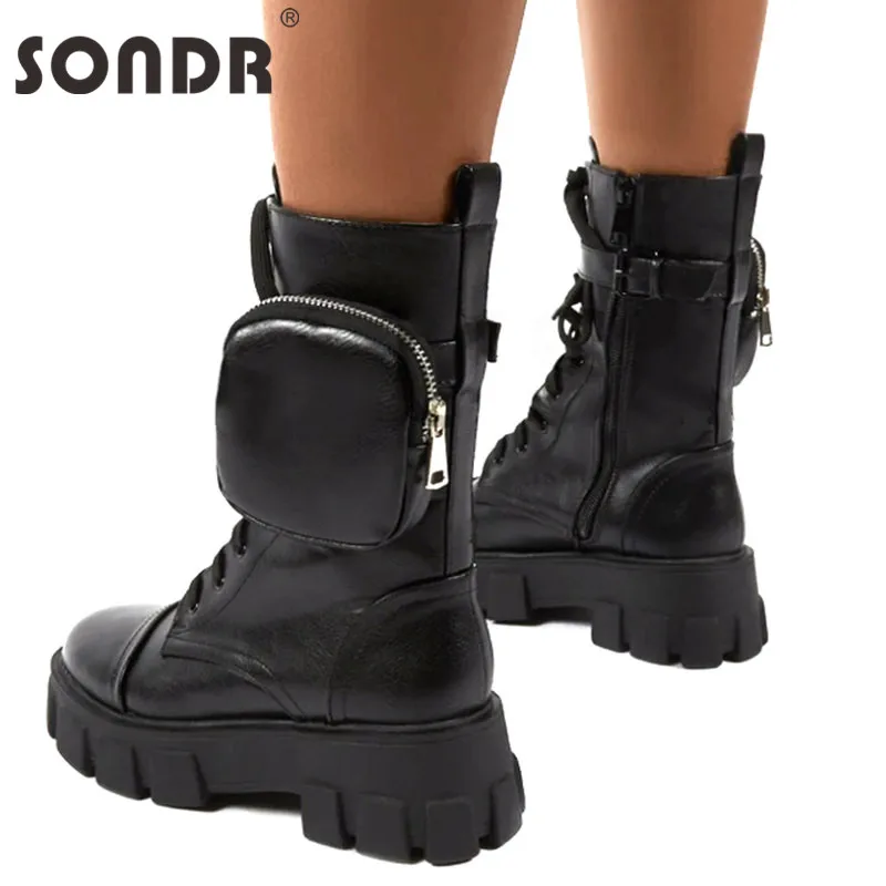 

SONDR Women Winter Shoes Leather Velvet Warm Boots Women's Trend Pocket Lace Up Solid Sexy Women's Zipper Ankle Boots