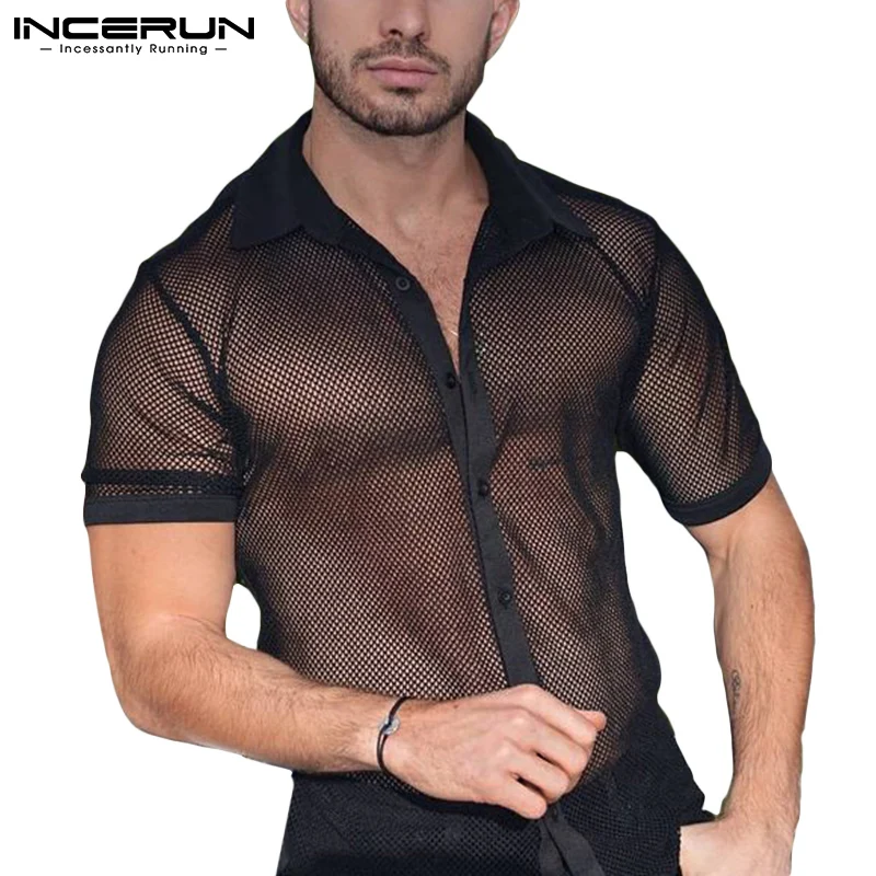 

2021 Men Shirt Mesh See Through Lapel Short Sleeve Button Fashion Men Clothing Streetwear Party NIghtclub Camisas INCERUN S-5XL