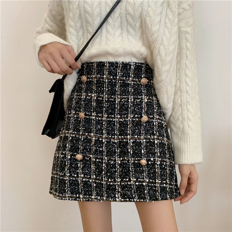 

2020 New Fashion Tweed Plaid Short A Line Mini Black Knitted Korean Skirt Plus Size School Female High Waist Skirts Womens Kilt