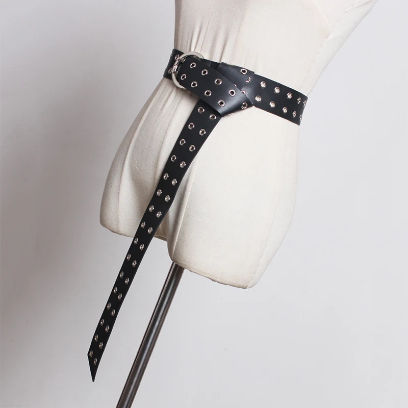 

[EAM] Pu Leather Metal Circle Rivet Split Joint Belt Personality Women New Fashion Tide All-match Spring Autumn 2021 1A208