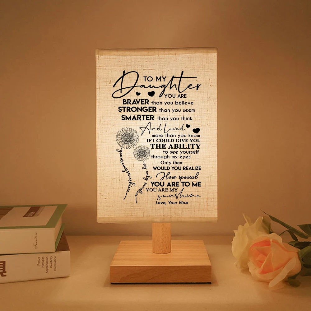 

Mom To My Daughter Bedside Lamp Night Light Warm White Bulb Dimmable Gift Wood Table lamp
