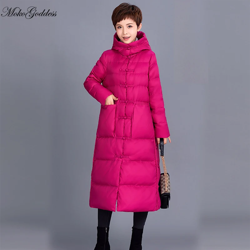 

Moko 2020 New Floral Embroidery Long Hooded Parka Winter Jacket Women Office Lady Big Pocket Single Breasted Parka Coat