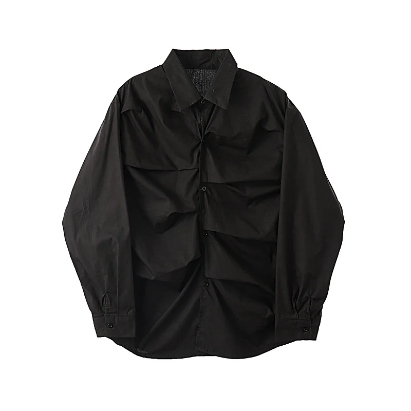 

New Male Japan Korea Style Streetwear Loose Folds Shirt Men Pleated Design Long Sleeve Casual Blouse Shirt