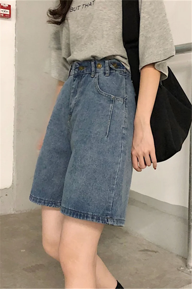 

2021 new summer Denim Capris women's loose straight high waist pants show thin A-line wide leg shorts