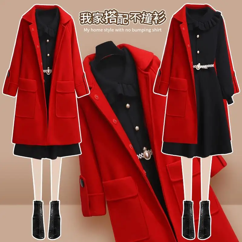 

Red Woolen Jacket 2020 Women's Winter New Elegant Wool Coat And Knitted Sweater Dress Two Piece Suit Fashion Female Sets Y652