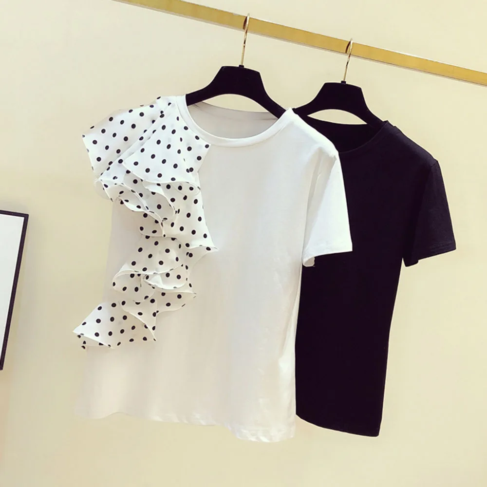 Женская Асимметричная футболка с коротким рукавом рюшами в горошек круглым