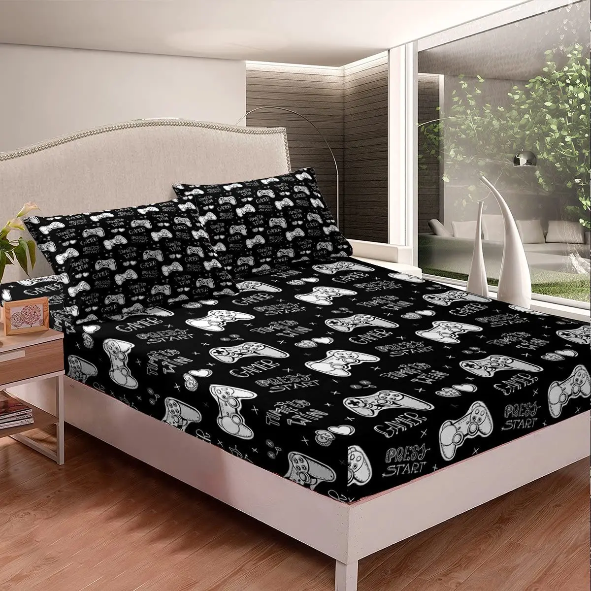 

Gaming Bedding Sets for Boys Girls Video Games Fitted Bed Sheets Gamepad Controller Buttons 3 Piece Bedding Decor Set