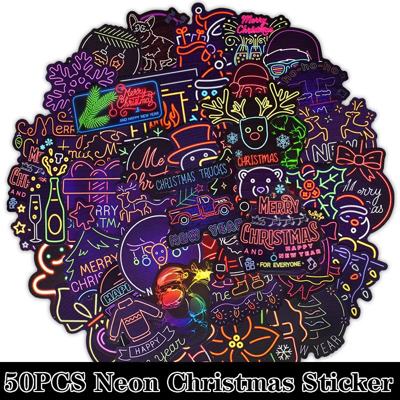 

50Pcs/pack Christmas Neon Series Stickers Santa Claus Doodle Sticker for Laptop Mouse Motorcycle Skateboard Luggage Guitar