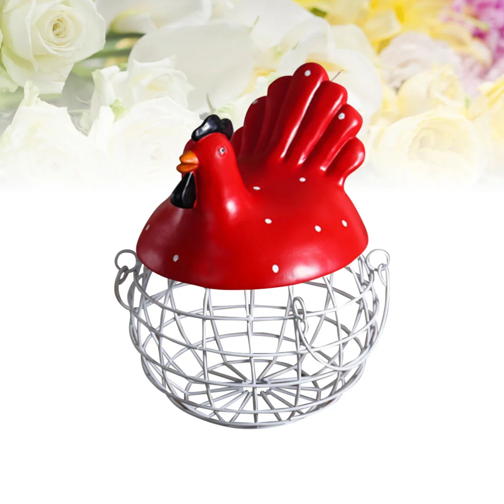 

1PC Creative Iron Art Eggs Storage Basket Chicken Shape Egg Holder Household Fruit Container (Red)