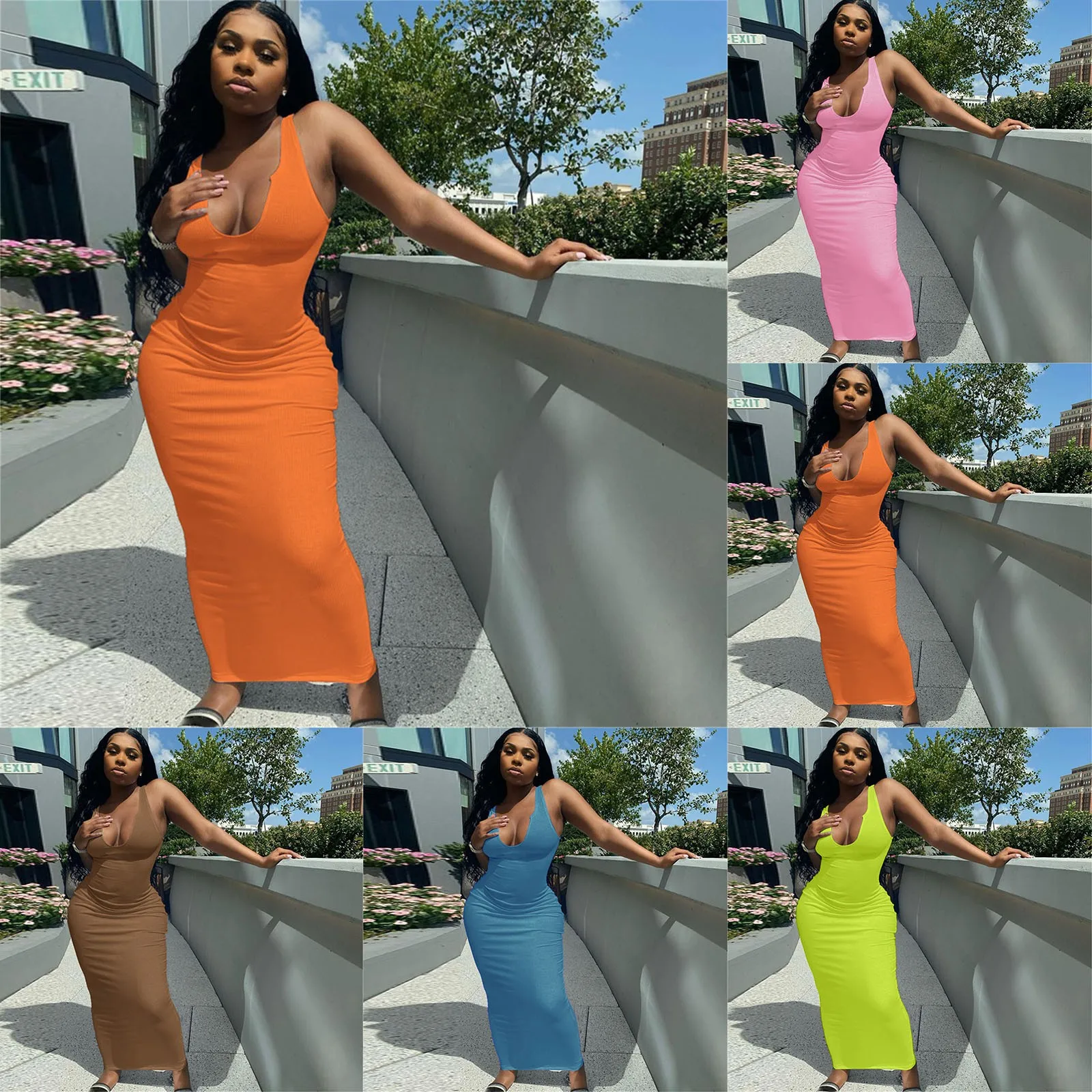 

Fashion Ribbed Knitted Stripe Women Sleeveless Midi Dress V Neck Bodycon Sexy Streetwear Party Club Elegant 2021 Spring Summer