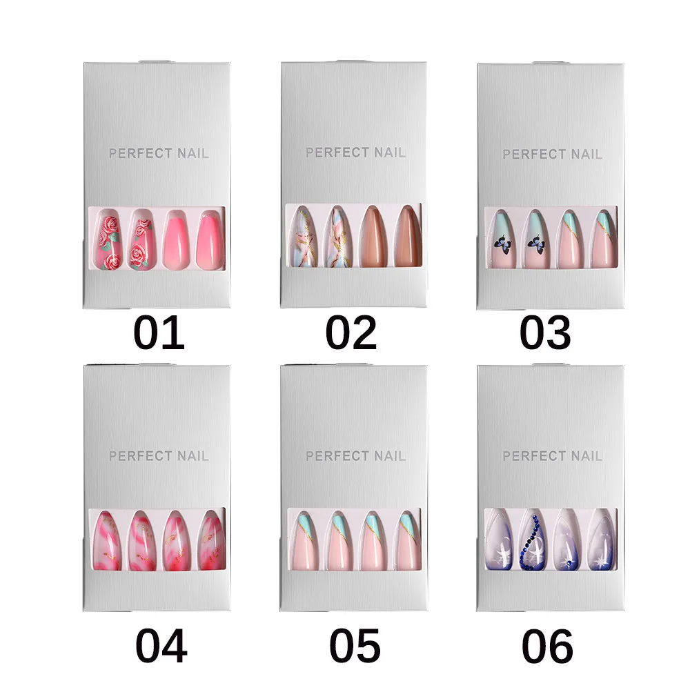 

24pcs Press On Nails Fake Nails Long Ballerina False Nail Pink Blue with Butterfly Designs Nail Stickers Nails With Press Glue