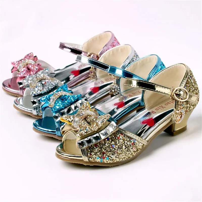 

Girls Sandals Crystal Princesse Children High Heel Party Dress Shoes Leather Glitter Bowtie Silver Pearl Kids Shoes Size 26-38