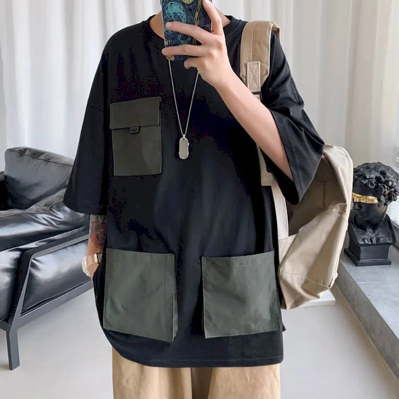 

Oversized T Shirt Summer New Short-sleeved Men Loose Korean Trend Pocket Tops Personality Stitching Streetwear Fashion Shirts