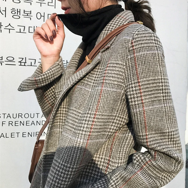 

Новинка, женские блейзеры в клетку, винтажное Свободное длинное шерстяное пальто, Женское зимнее теплое пальто, Офисная Рабочая куртка, вер...