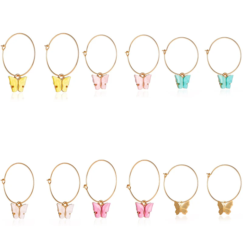 Цветные акриловые серьги кольца с бабочками стильные темпераментные простые