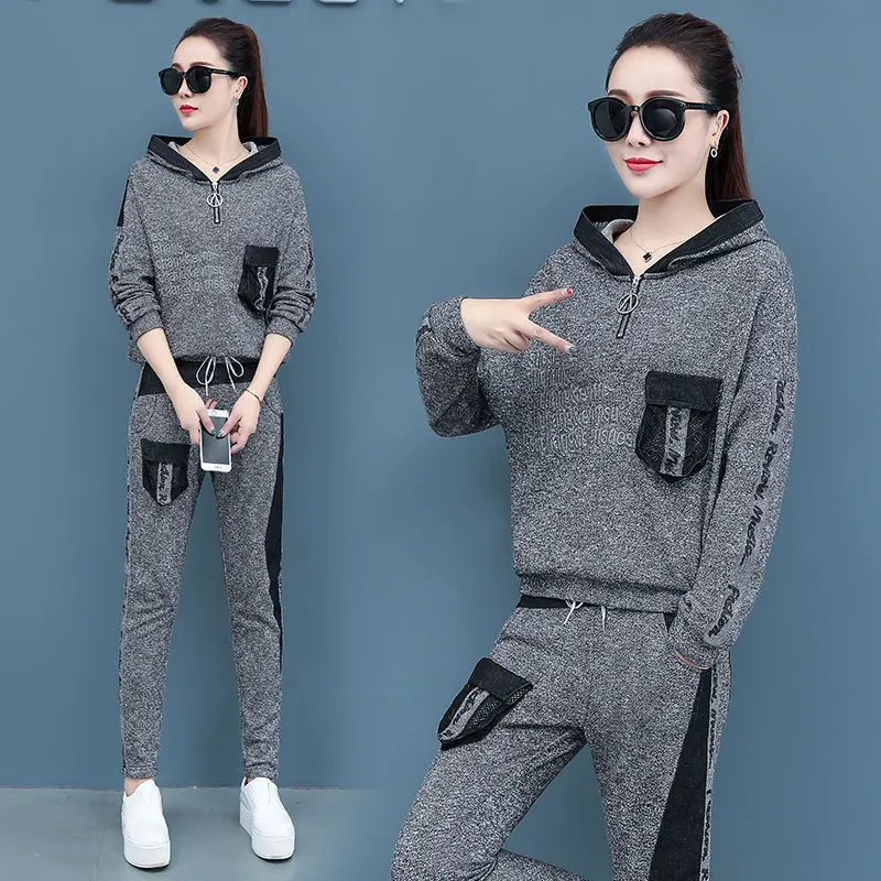 

Fall Two Piece Set Korean Plus Size Women Set Tracksuit Outfits Hoodies Top And Pant Suit Gray Sportwear Co-ord Sets Clothing