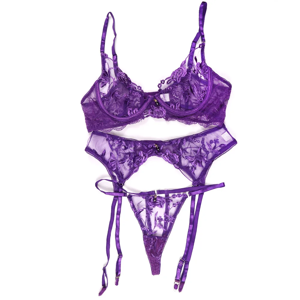 

New Women Sexy Embroider Lingerie Underwear Flower Erotic Costumes Hollow Out Bra and Thong 3 Pieces Exotic Underwire Set