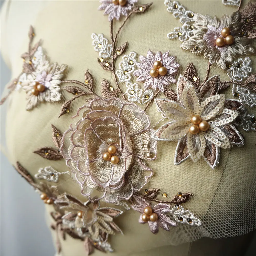 Коричневая кружевная ткань 3D цветы Аппликации бусины стразы листья вышивка