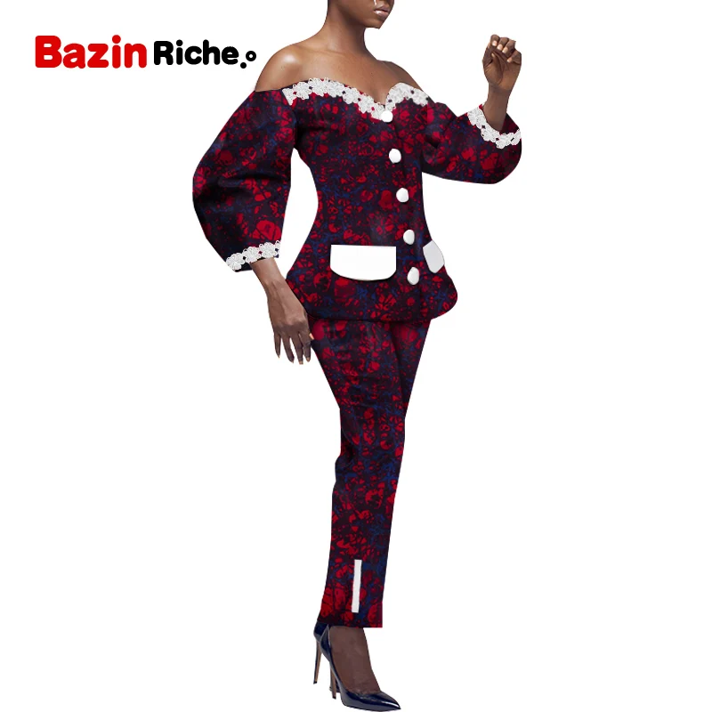 

Off Shoulder Elegant Lady Pant Suit 2 Two Piece Set African Women Print Dashiki Clothing WY696