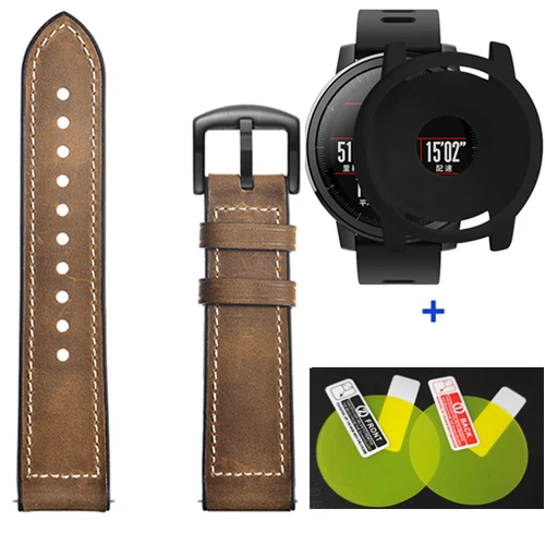 Кожаный силиконовый ремешок для Xiaomi Huami Amazfit Stratos 2, умный ремешок для часов, чехол, защитная крышка, 3 в 1 - Цвет: Brown