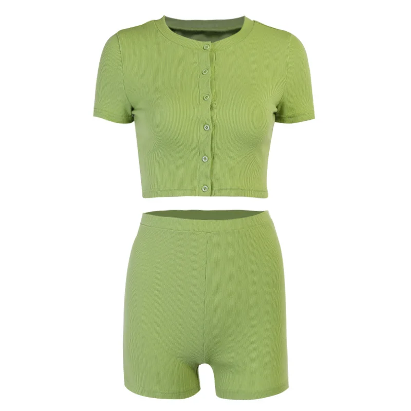 

SOINCRE 2021 Spring Summer New Solid Color Green Home Wear Women's Knitted Sports Casual Suit Button Top Cropped Cardigan Shorts
