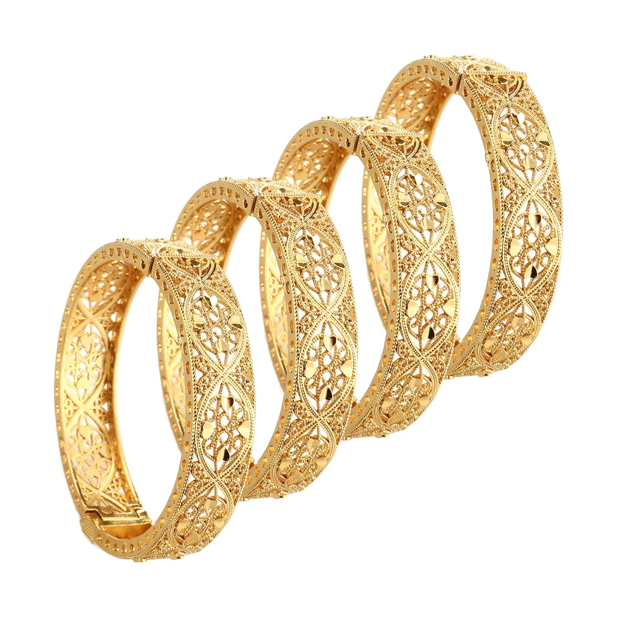 

Openable 4Pcs Ethiopian African Dubai Indian Gold Color Heart Bangles Cuff Bracelet For Women Men Girls Female Wedding Jewelry