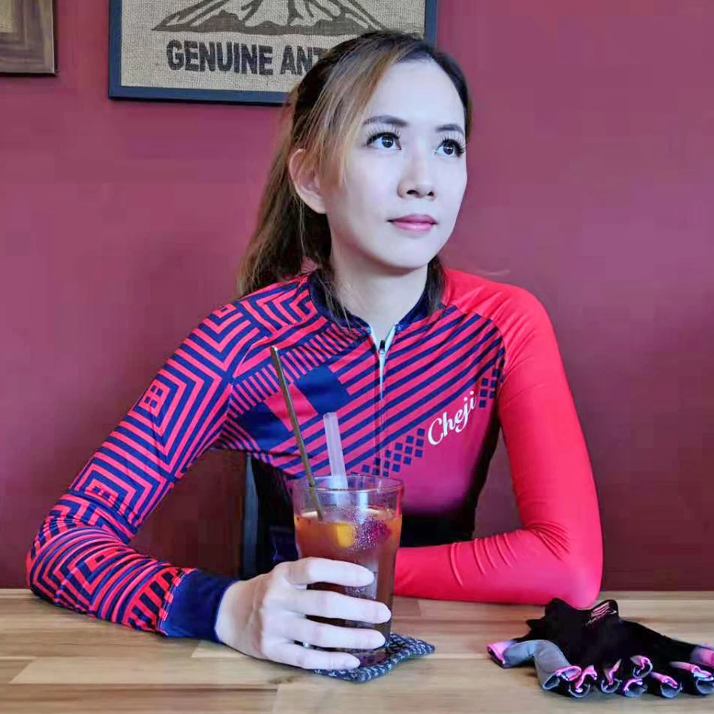 CHEJI, красная женская футболка с длинным рукавом для велоспорта, весна-осень, майка для горного велосипеда, женская одежда для велоспорта, топы