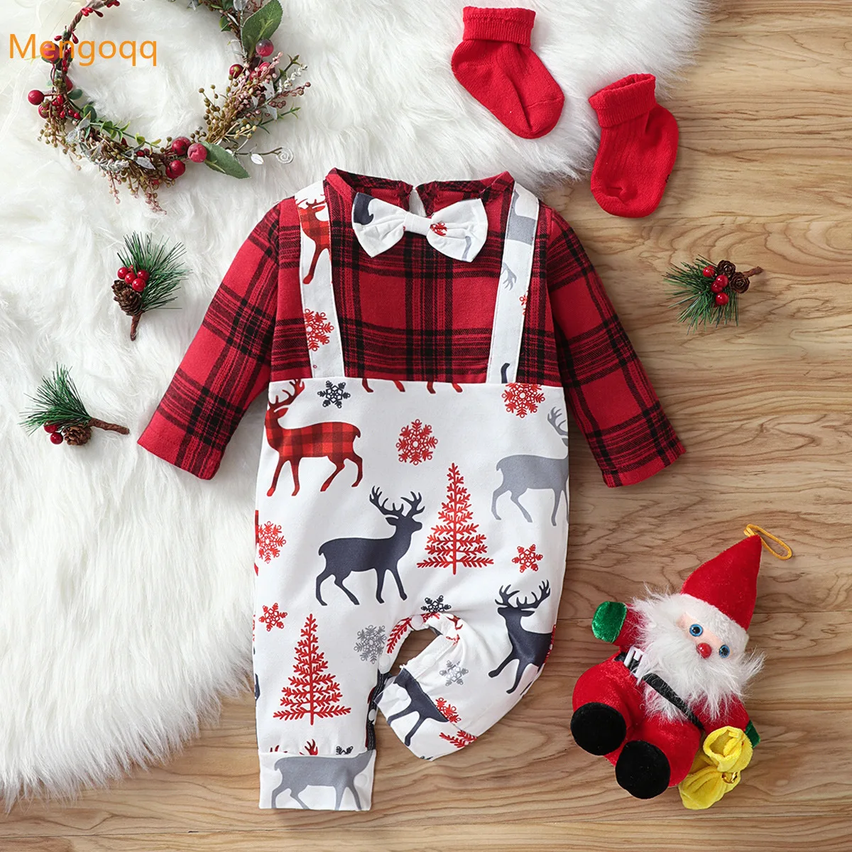

Xmas Kids Baby Boys Plaid Patchwork Print Outfits Jumpsuits Bow Tie Infant Toddler Christmas Clothes Fashion Romper 0-18M