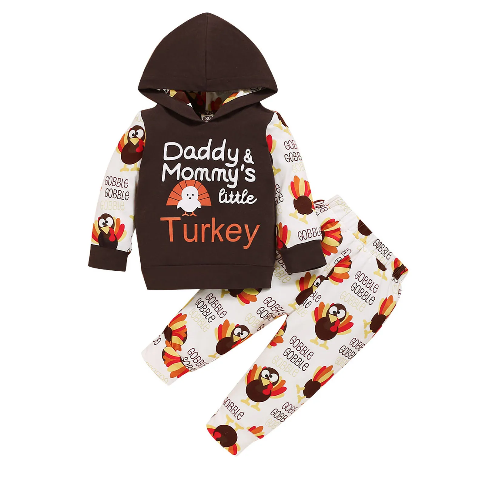 

2 Pieces Kids Suit Set Baby Clothes Unisex Turkey Letter Print Long Sleeve Hooded Pullover+ Long Pants for Fall Winter