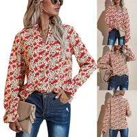 women casual long sleeve shirt adults flower print v neck button blouse ladies autumn costume for party club