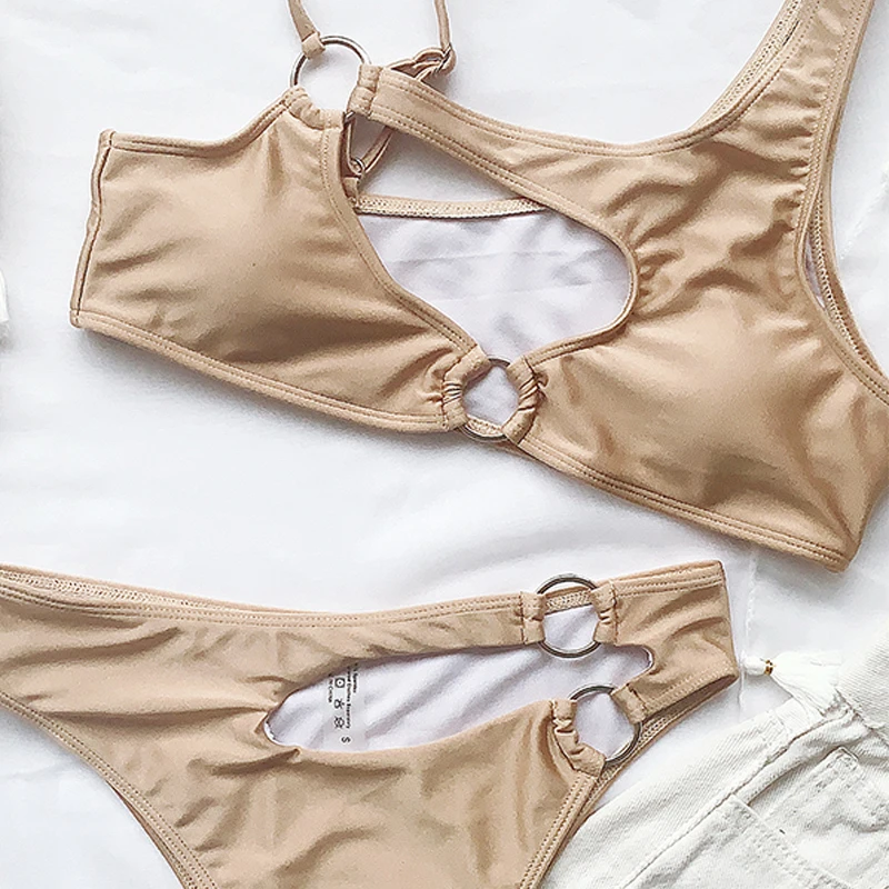 

High Waist Hollow Out Bikini Women Solid Color Asymmetric Swimsuit Sexy Metal Ring Bathing Suit 2020 High Cut Swimwear Push Up