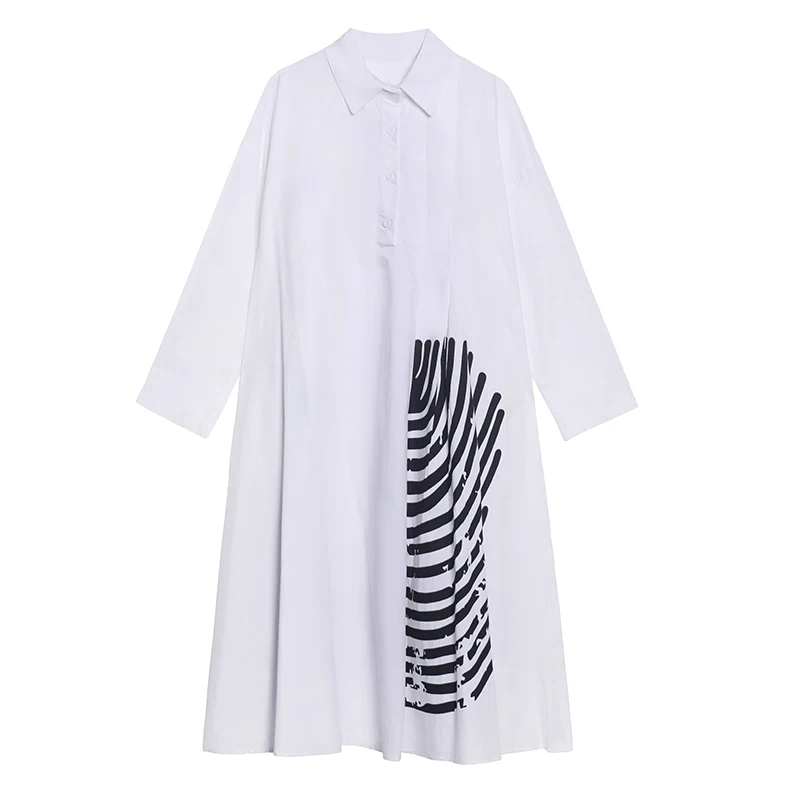 

XITAO Patchwork Striped Casual Dress Women Trendy Fashion New Style Turn Down Collar Long Sleeve Button Pullover Loose ZXR1631