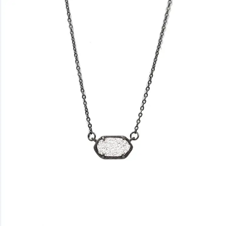 Black Silver Necklac Маленький овальный Кулон Druzy, ожерелье, лучшее качество, черный цвет, блестящий кулон, ожерелье, женский подарок, модные ювелирные изделия - Окраска металла: Black Silver Necklac
