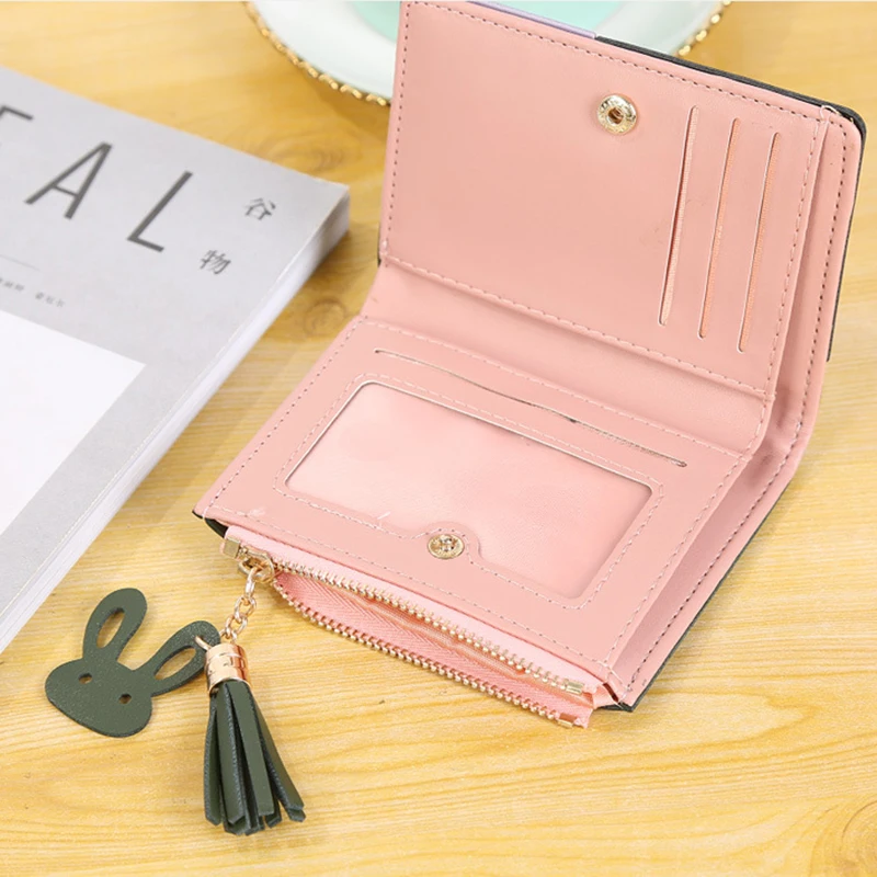 

Women's Wallet Cute Student Tassel Pendant Short Wallet Trend Small Fashion PU Wallet 2021 Coin Purse Ladies Card Bag For Women
