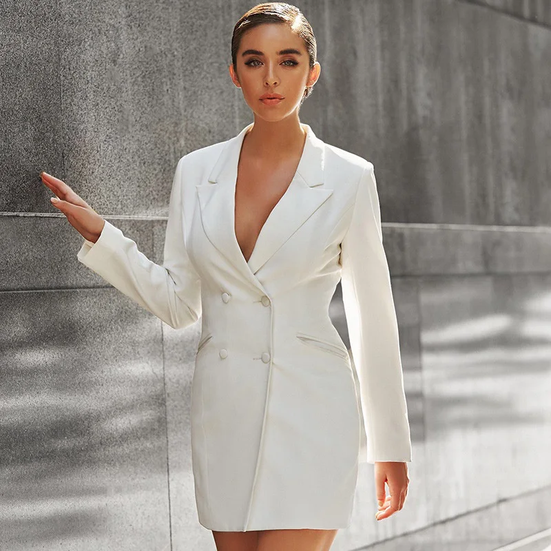 Chicology double breasted elegant office lady blazer dress long sleeve American jacket suit summer autumn women clothing - Цвет: Белый