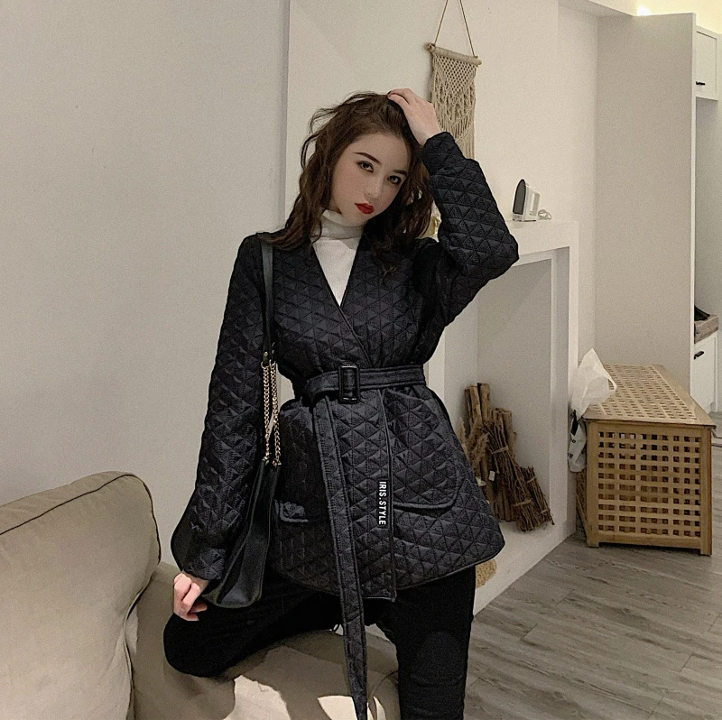 

YAMDI retro pressure slim loose thin cotton-padded clothe the stylish v-neck belt coat women spring autumn winter jacket coat s