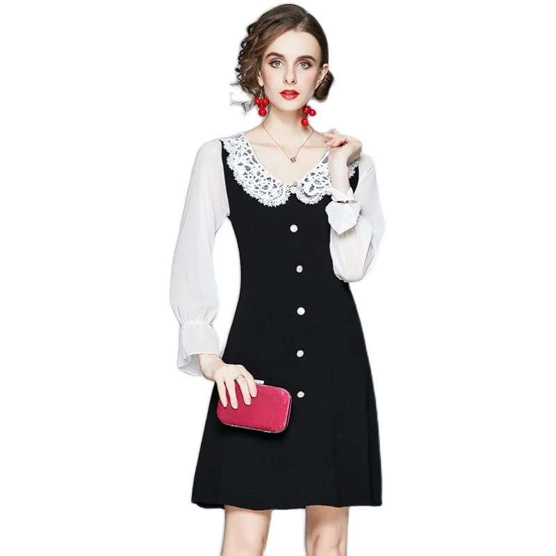 

Elegant Womens Lace Patchwork Female Vintage Long Sleeve Office OL Mini Dress 2020 Autumn Vestidos