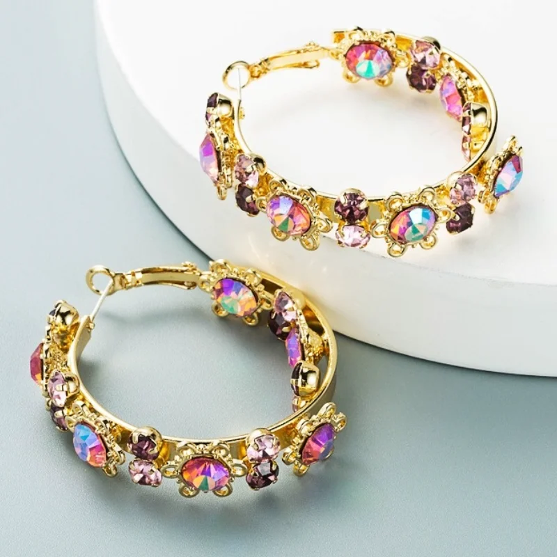 

Fashion Shiny Multicolor Colorful Rhinestone C-shaped Earrings for Woman
