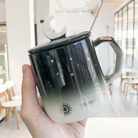 Kawaii Galaxy Moon Cups Cute Ceramic Coffee Travel Mug With Lid And Spoon Creative Starry Sky Home Breakfast Milk Tea Water Cup