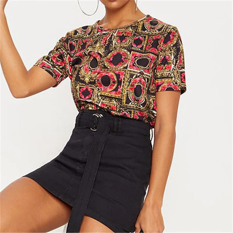 

Summer Women Print T Shirt 2 Camisetas Mujer Fashion Ladies O-Neck Short Sleeve Tops High Quality Chiffon Silm Top T shirts