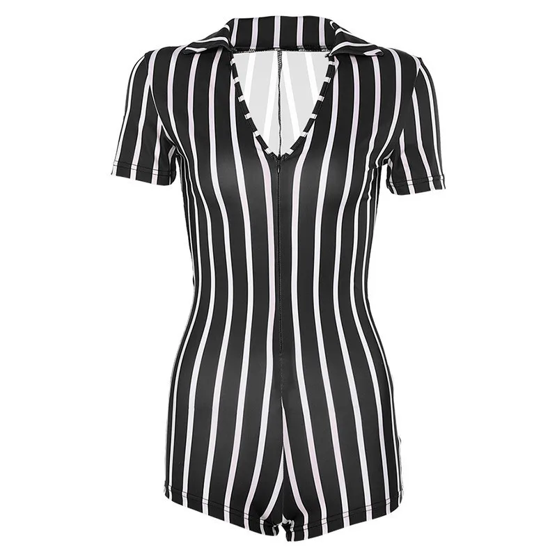 Black Playsuit UIDEAZONE, женские комбинезоны с v-образным вырезом в полоску, обтягивающие штаны, контрастные цвета, спортивные комбинезоны с коротким рукавом для девушек, Клубные, лето - Цвет: Black Playsuit