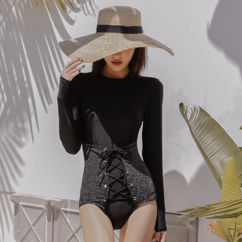 Женский слитный купальник с длинным рукавом консервативный Тонкий Цельный