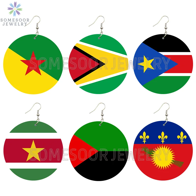 SOMESOOR National Coutry Flag Printed Wooden Drop Earrings Guadeloupe French Guiana France Provinces Loops Dangle For Women Gift  - buy with discount
