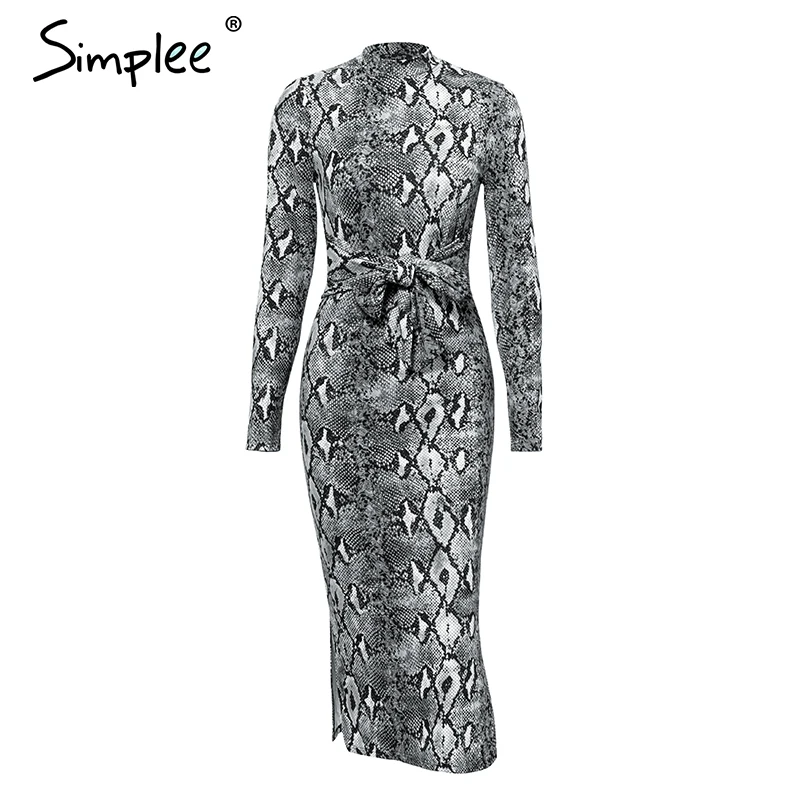 Simplee Sexy snake print women dress Plus size chic long sleeve party Elegant slim autumn winter ladies fashion vestidos | Женская