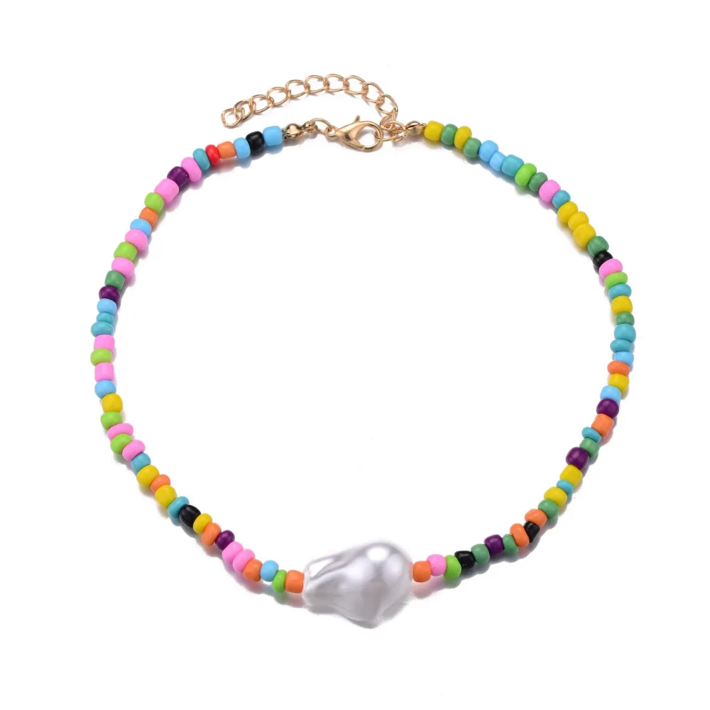 

2021 new women's neck chain bohemian simple colorful rice bead necklace ethnic style hit color beads necklace