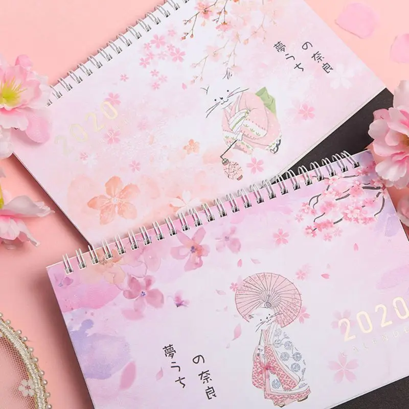 

Beautiful Cherry Pattern Standing Paper 2020 Double Coil Calendar Memo Daily Schedule Table Planner Yearly Agenda Desk Organizer