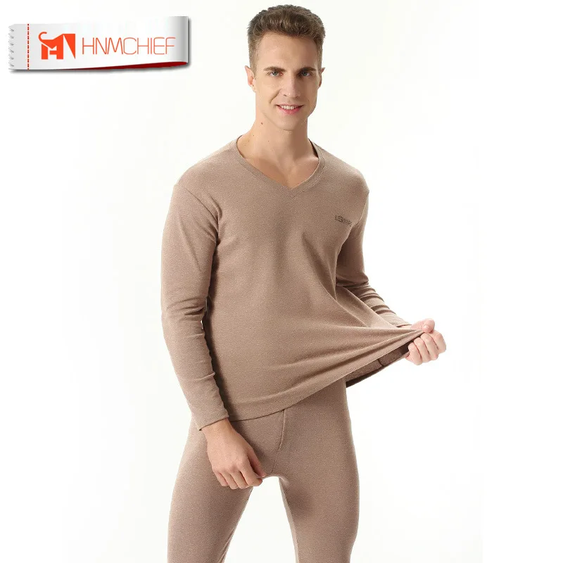 HNMCHIEF 100% хлопок зимние мужские теплые кальсоны с V-образным вырезом комплект